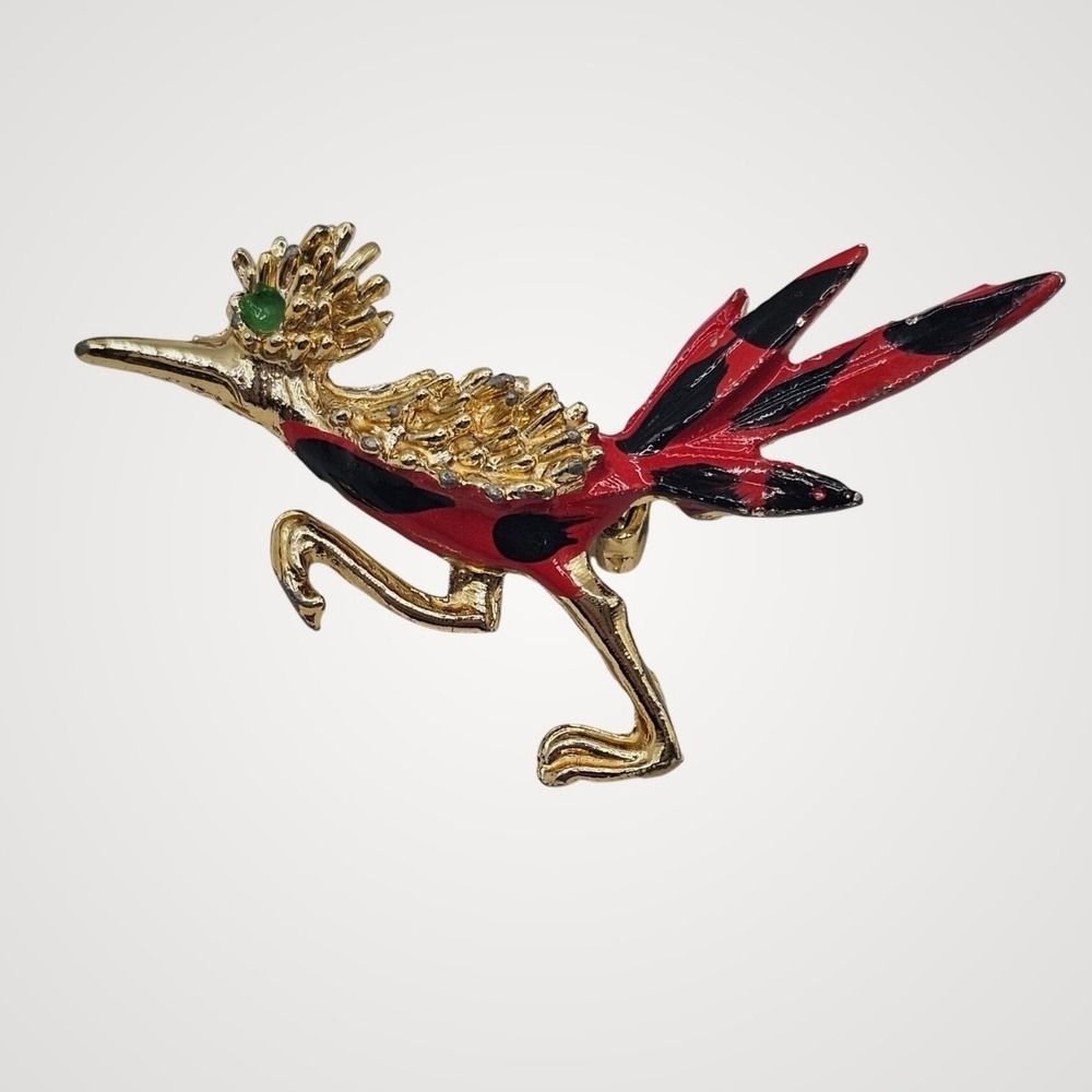 Roadrunner Brooch Gold Tone Red Black Bird‎ Green Eye Vintage Southwest 2" Pin